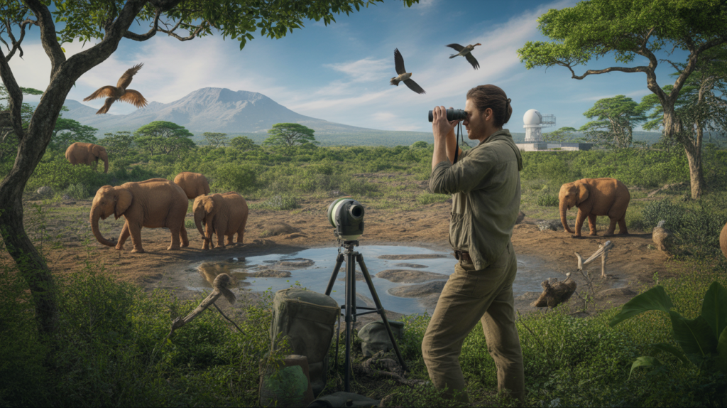 Scène réaliste mêlant nature, faune sauvage et sciences avec un biologiste observant un paysage vivant et authentique.