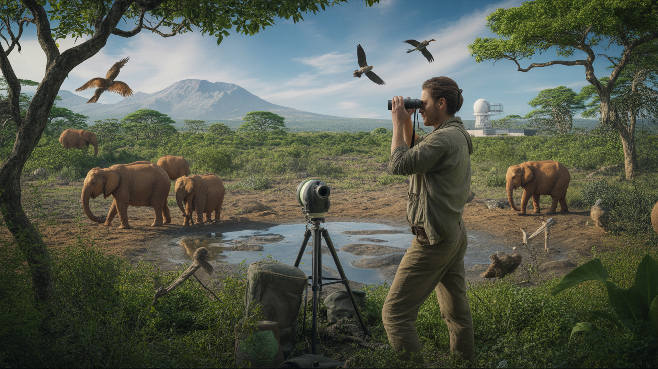 Scène réaliste mêlant nature, faune sauvage et sciences avec un biologiste observant un paysage vivant et authentique.