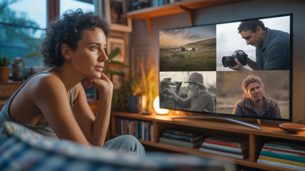 Personne regardant un documentaire dans un salon chaleureux et réaliste, avec des reflets de scènes documentaires authentiques sur l'écran.