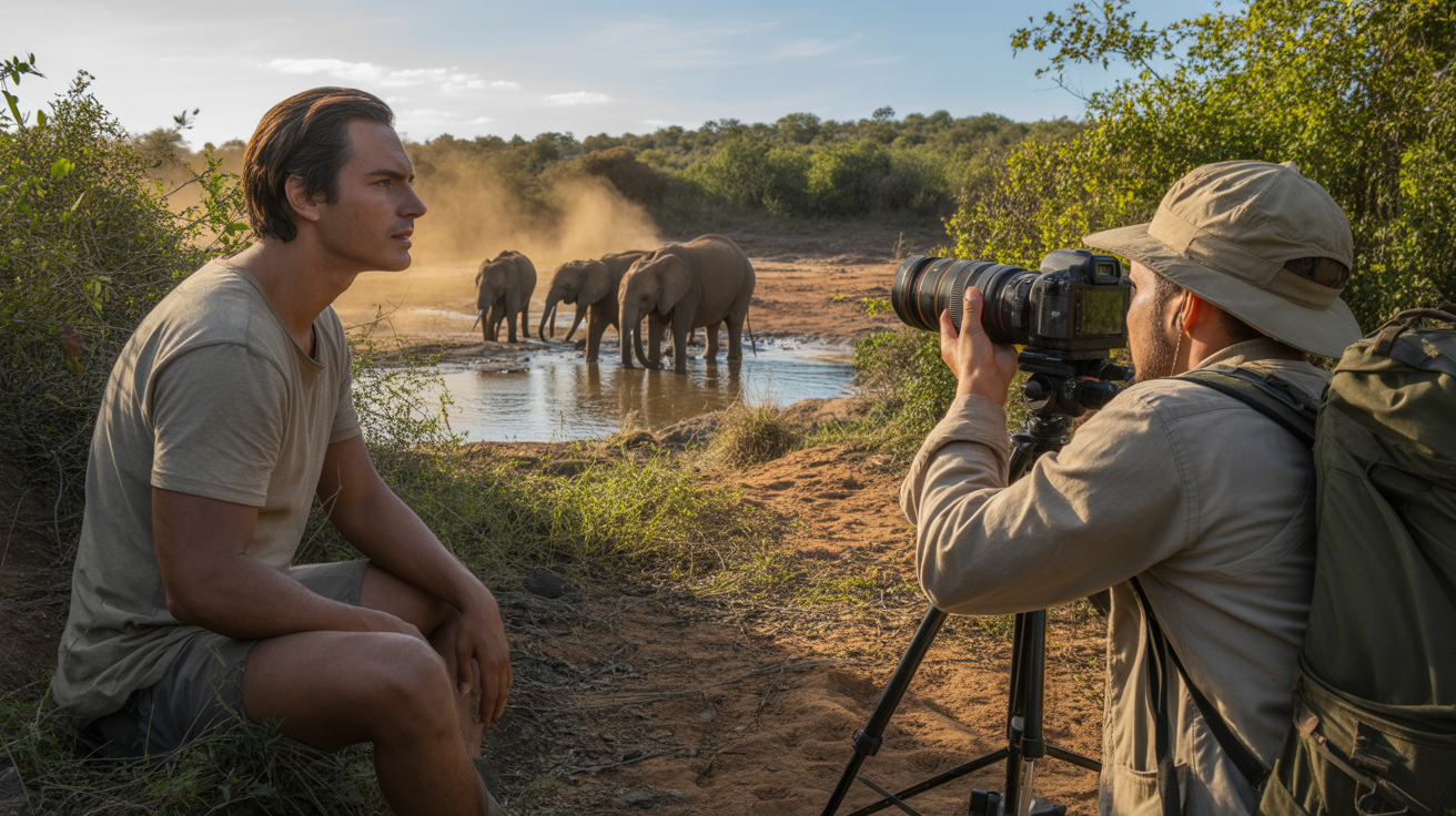 Scène réaliste d’une expédition scientifique observant des éléphants sauvages au coucher du soleil.