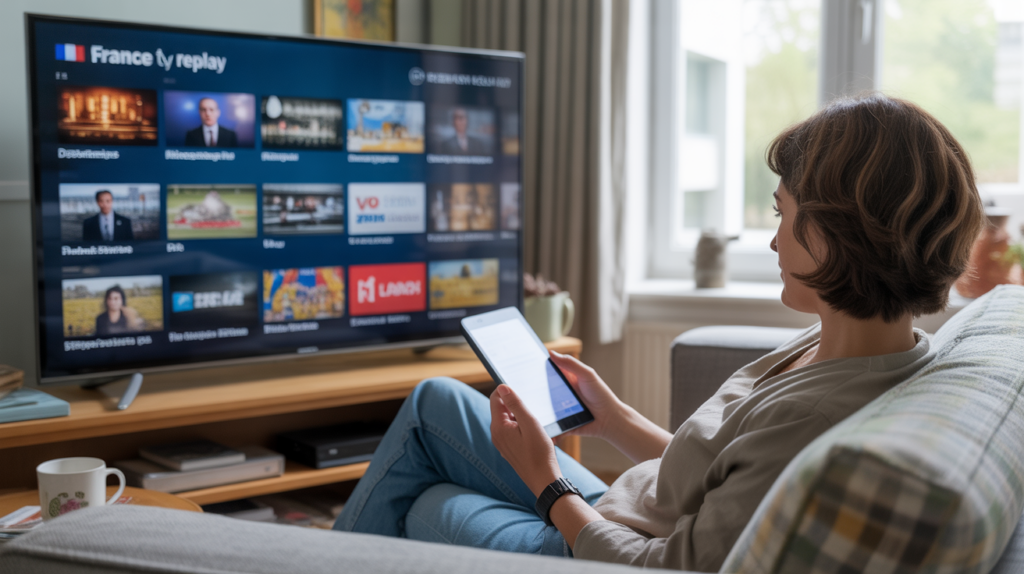 Personne dans un salon lumineux regardant des programmes en replay sur une télévision moderne, ambiance réaliste et naturelle.