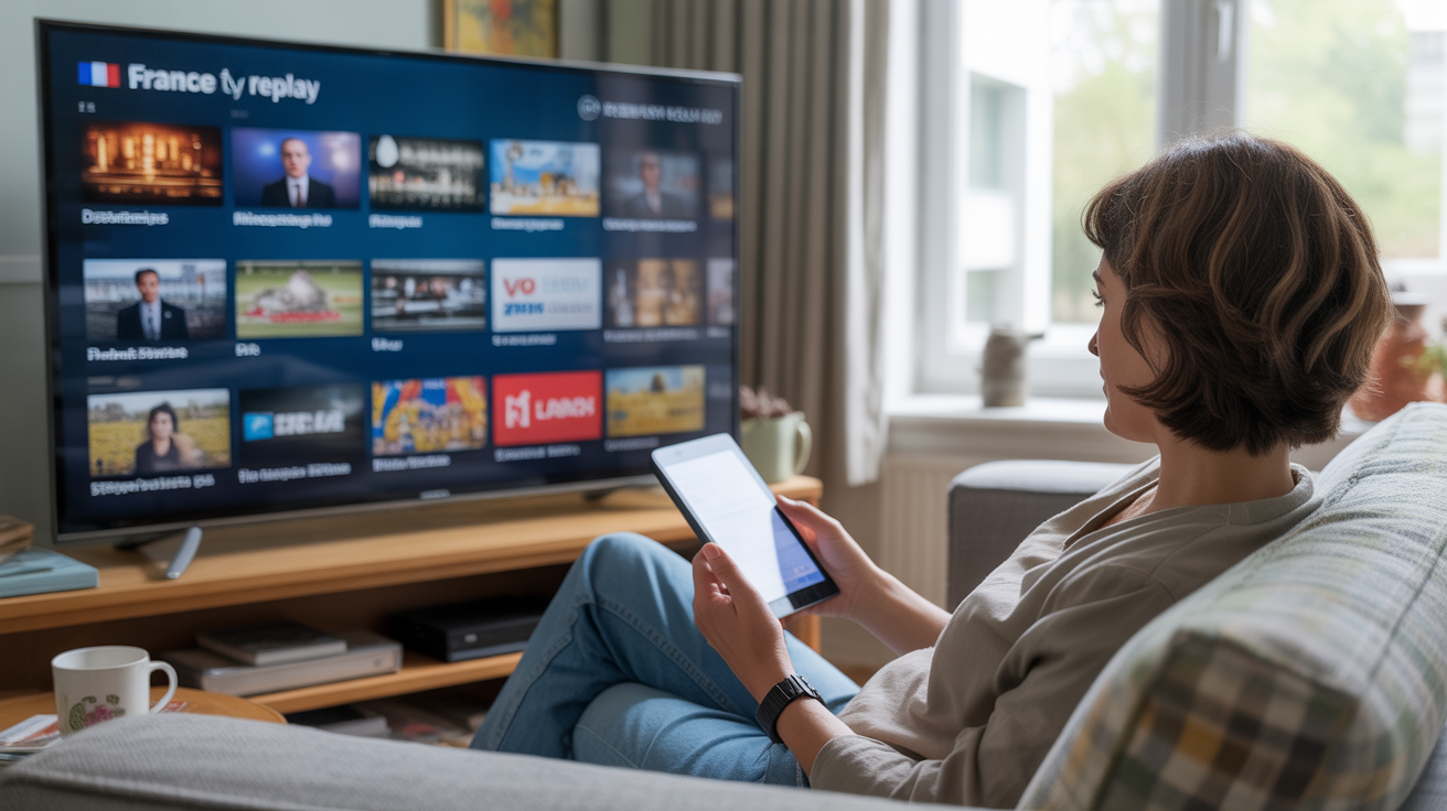 Personne dans un salon lumineux regardant des programmes en replay sur une télévision moderne, ambiance réaliste et naturelle.