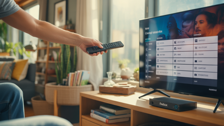 Salon réaliste avec une Freebox, un téléviseur affichant une liste de chaînes et une main tenant une télécommande dans une scène naturelle et authentique.