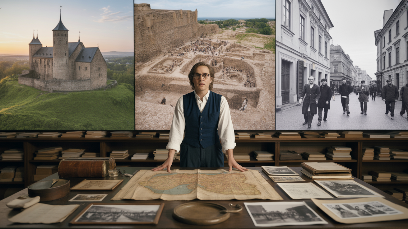 Historien dans une salle d’archives européenne avec cartes anciennes et projections de différentes époques historiques.