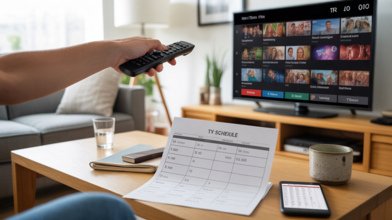 Scène réaliste d’un salon avec une télévision affichant un guide des chaînes TNT et une main tenant une télécommande.