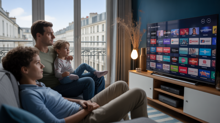 Famille française dans un salon moderne regardant une télévision affichant une interface de chaînes variées.