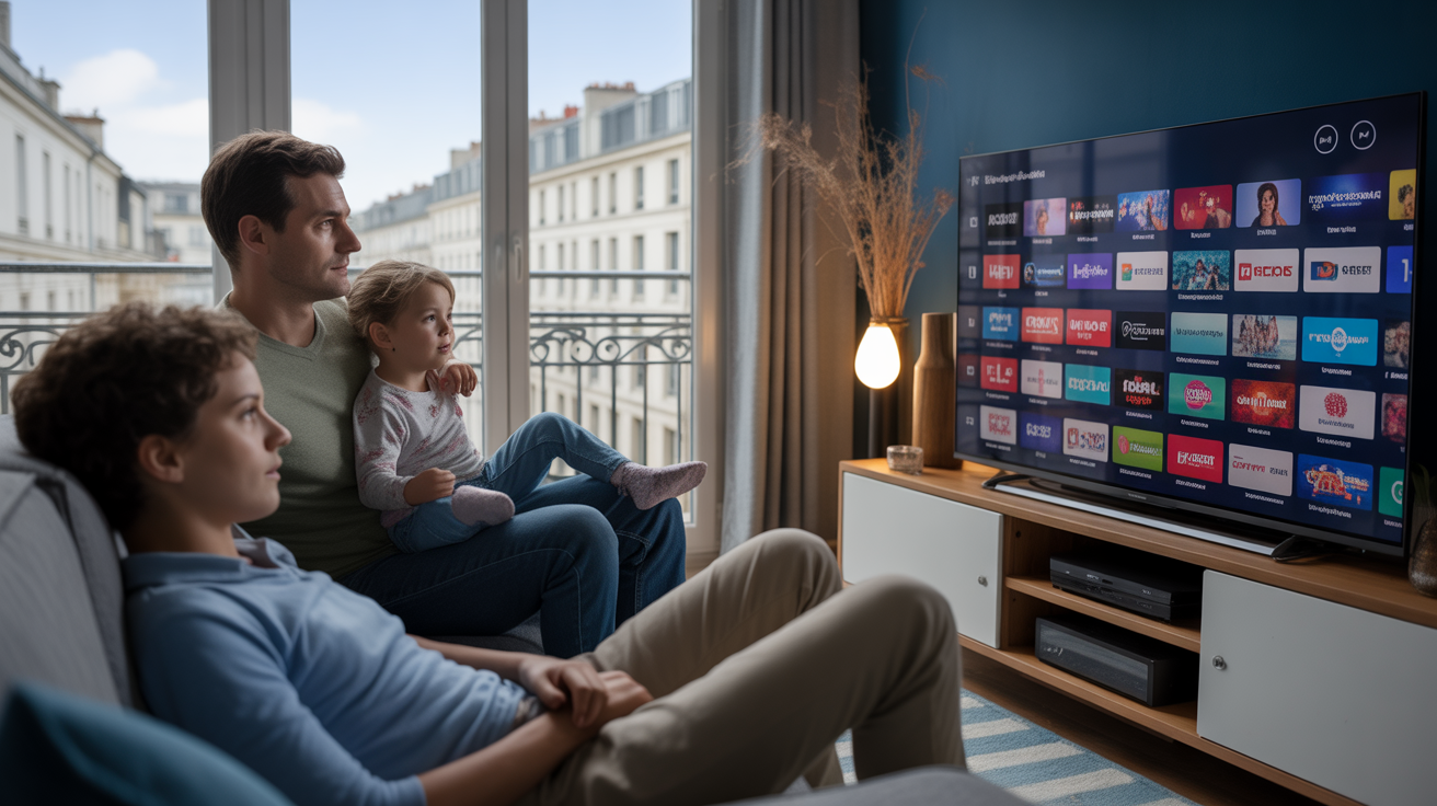 Famille française dans un salon moderne regardant une télévision affichant une interface de chaînes variées.