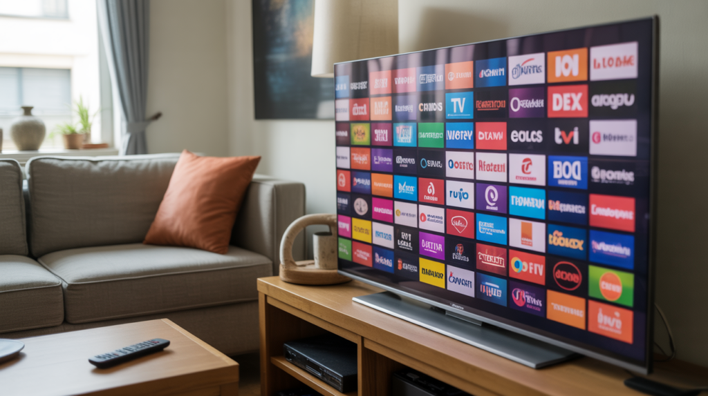 Salon réaliste avec une télévision affichant une mosaïque de chaînes Orange dans un cadre naturel et chaleureux.