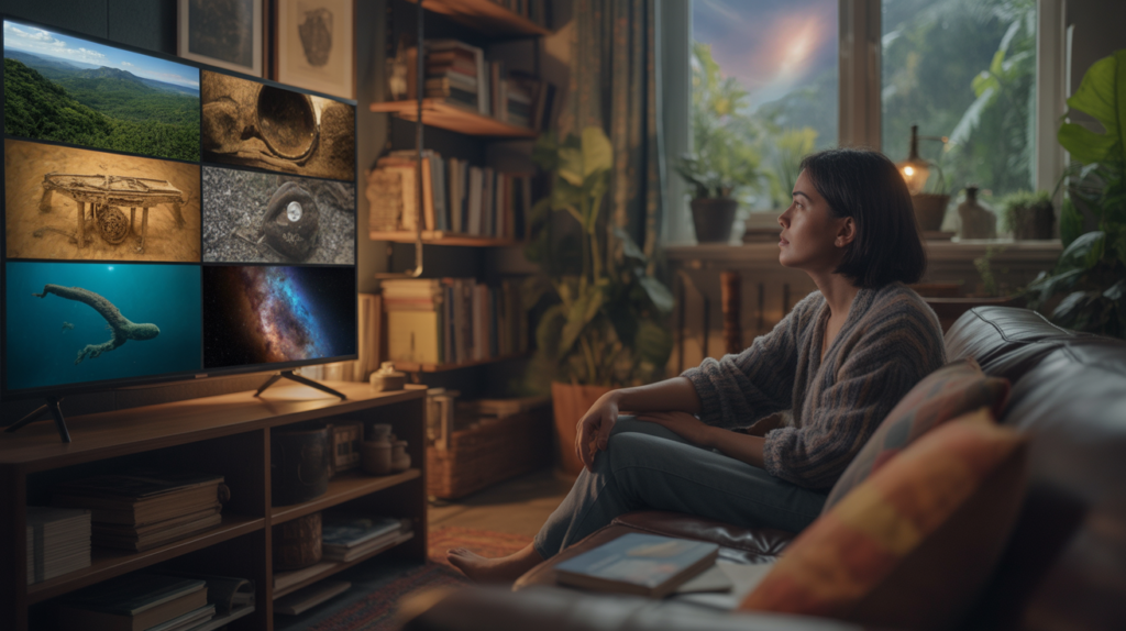 Salon chaleureux avec une personne regardant des documentaires variés sur une télévision moderne, scène réaliste et naturelle.