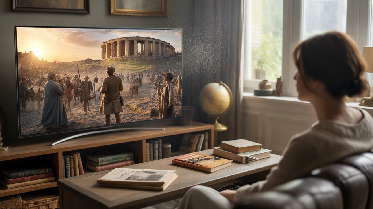 Personne regardant un documentaire historique réaliste dans un salon chaleureux, avec une scène historique authentique affichée à la télévision.