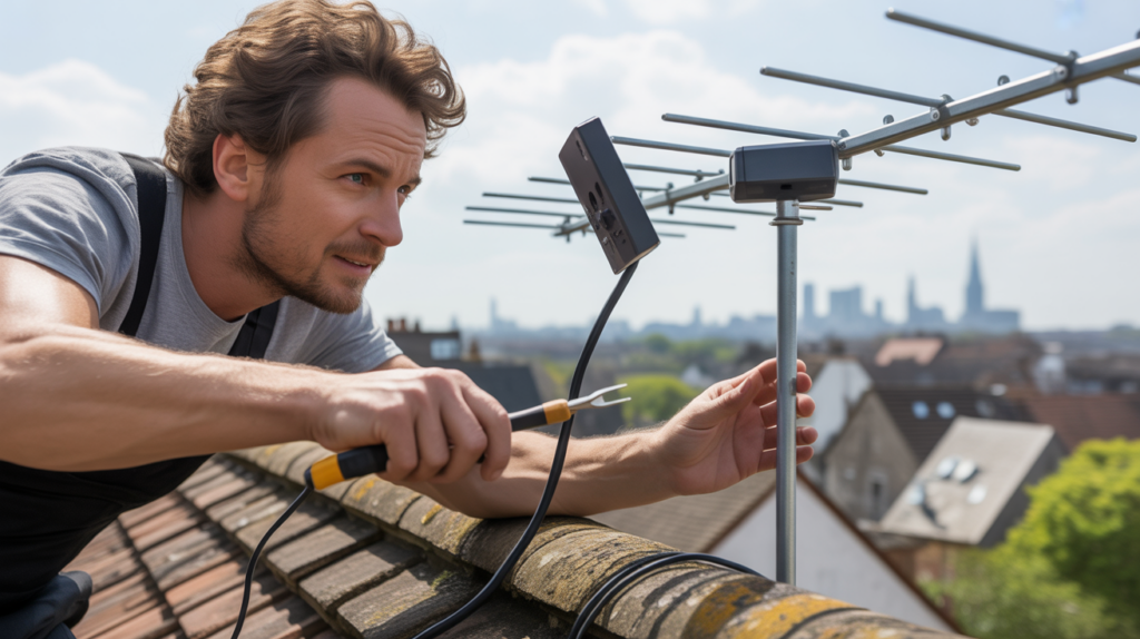 Personne ajustant une antenne TNT sur un toit avec une vue réelle sur une ville européenne, scène très réaliste et détaillée.