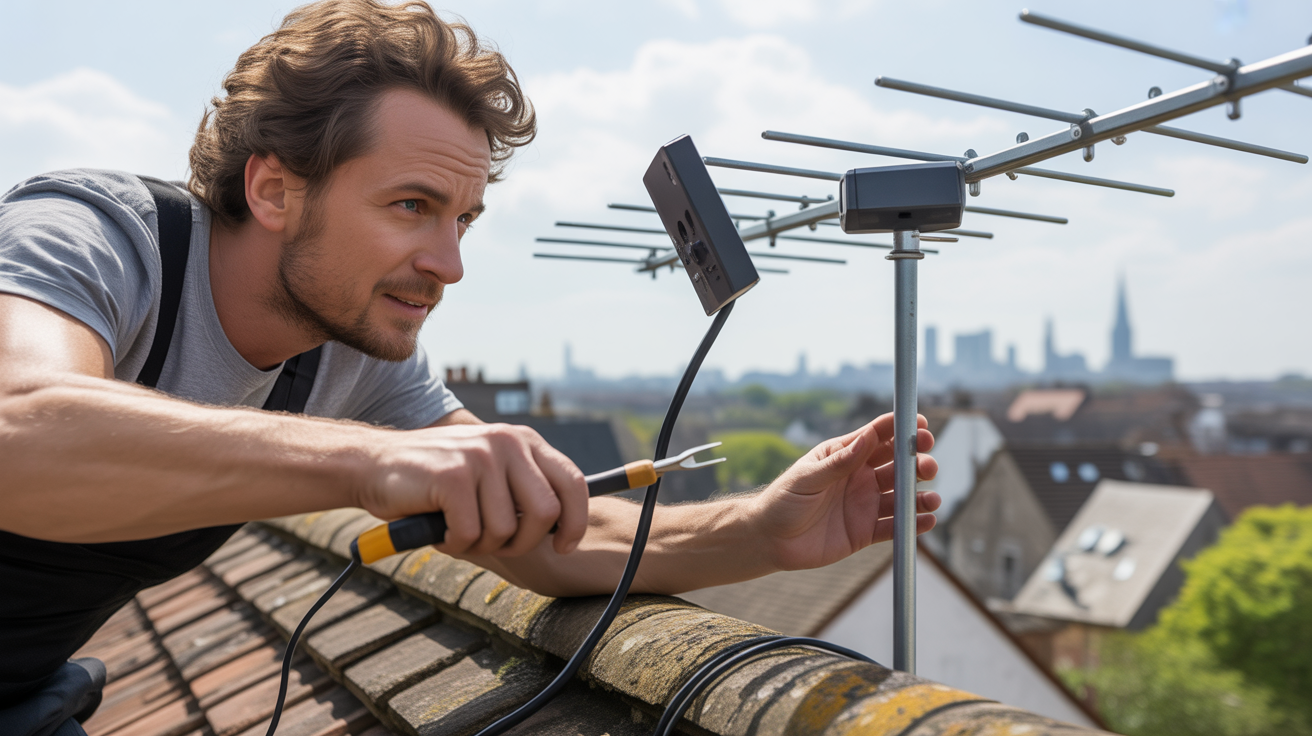 Personne ajustant une antenne TNT sur un toit avec une vue réelle sur une ville européenne, scène très réaliste et détaillée.