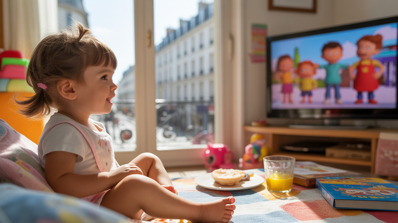 Scène matinale réaliste dans un salon français où un enfant regarde des dessins animés à la télévision, avec lumière naturelle et ambiance chaleureuse.