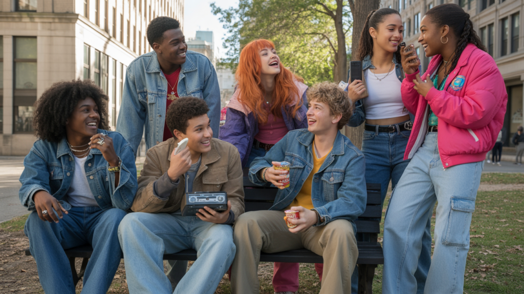 Adolescents réalistes dans un parc urbain au style des années 2000, discutant et riant dans une scène authentique et naturelle évoquant la nostalgie des séries jeunesse de cette époque.