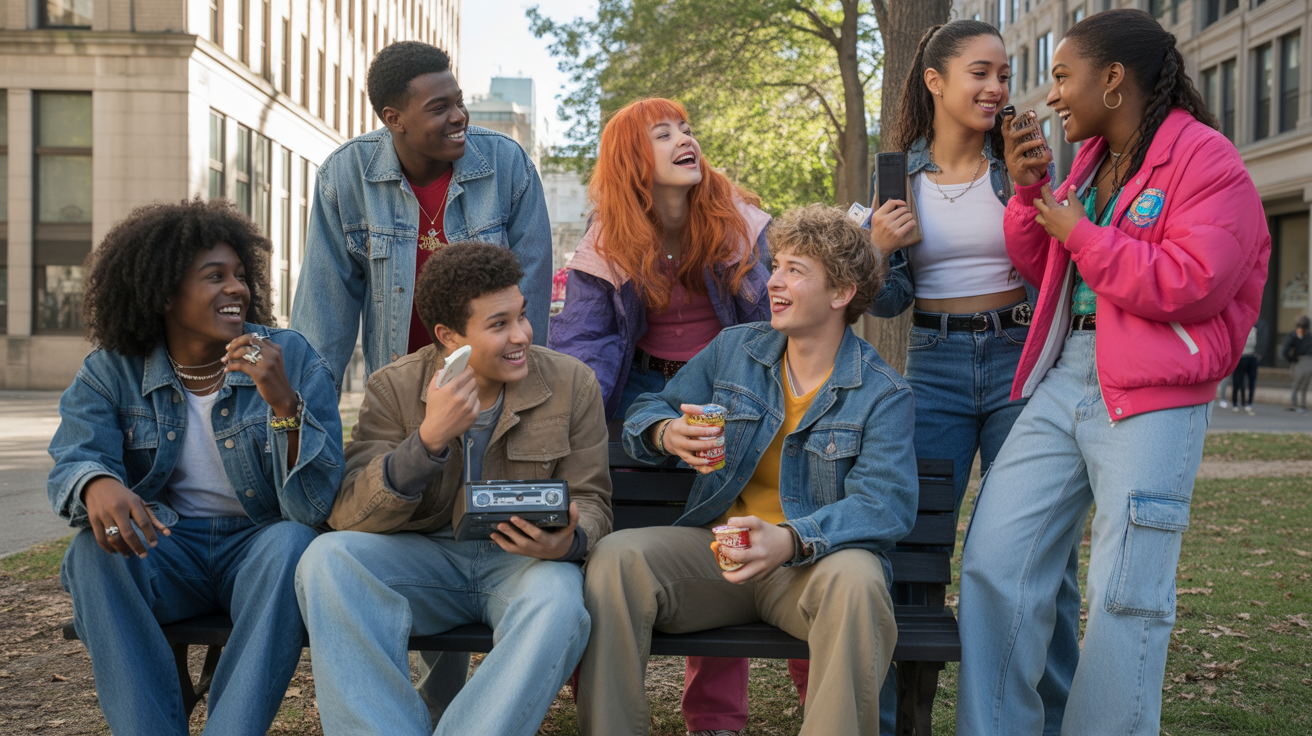 Adolescents réalistes dans un parc urbain au style des années 2000, discutant et riant dans une scène authentique et naturelle évoquant la nostalgie des séries jeunesse de cette époque.
