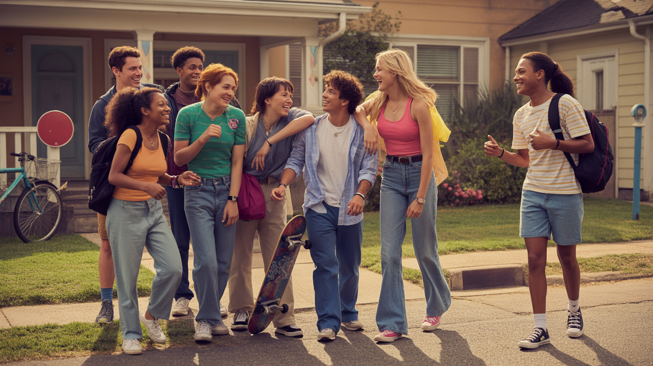 Groupe d’adolescents réalistes devant une maison américaine, scène nostalgique évoquant l’univers des séries Disney Channel.