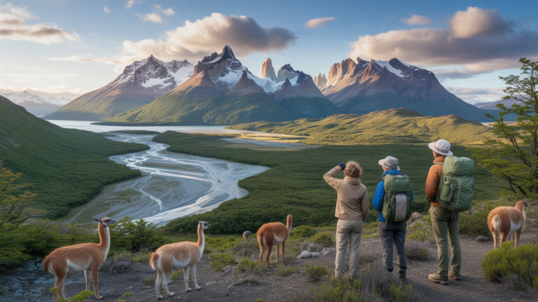Paysage naturel réaliste de Patagonie avec montagnes enneigées, forêt, rivière et randonneurs observant la scène.