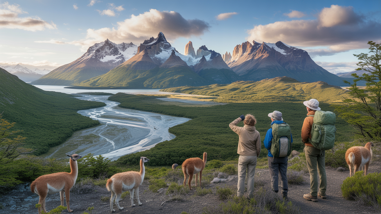 Paysage naturel réaliste de Patagonie avec montagnes enneigées, forêt, rivière et randonneurs observant la scène.