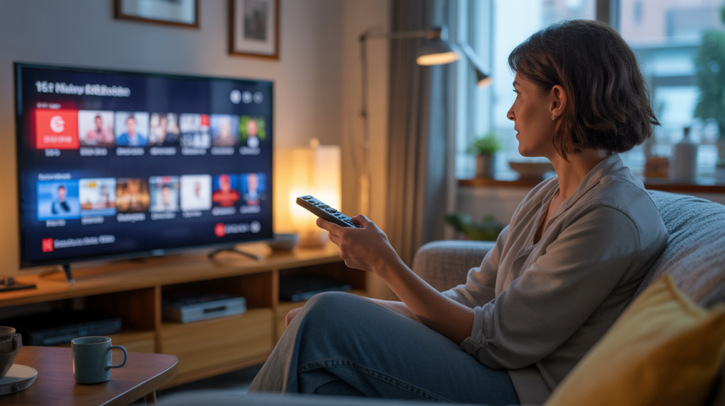 Personne dans un salon chaleureux consultant la programmation TV de demain sur un écran moderne dans une scène réaliste et naturelle