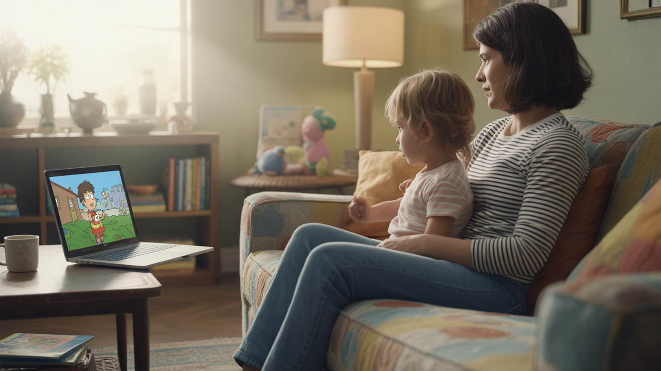 Scène réaliste d’un salon où un adulte et un enfant regardent des dessins animés en ligne sur un ordinateur portable.