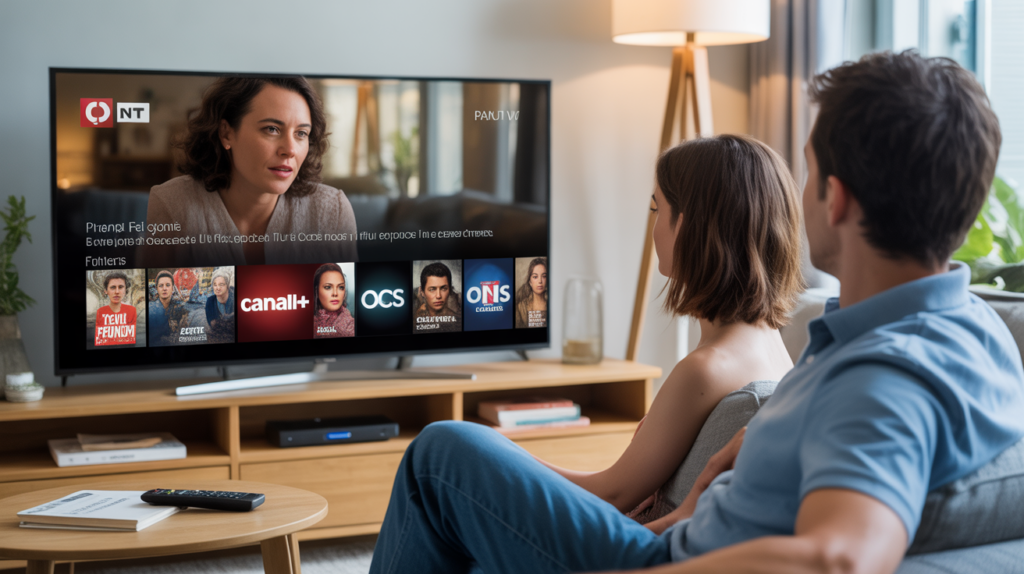 Scène réaliste d'un salon français où un couple regarde une télévision affichant des chaînes TNT payantes comme Canal+ et OCS.