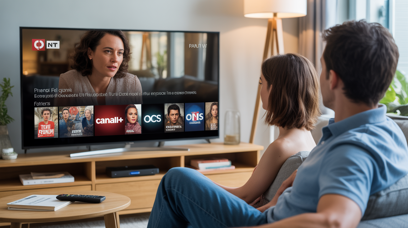 Scène réaliste d'un salon français où un couple regarde une télévision affichant des chaînes TNT payantes comme Canal+ et OCS.