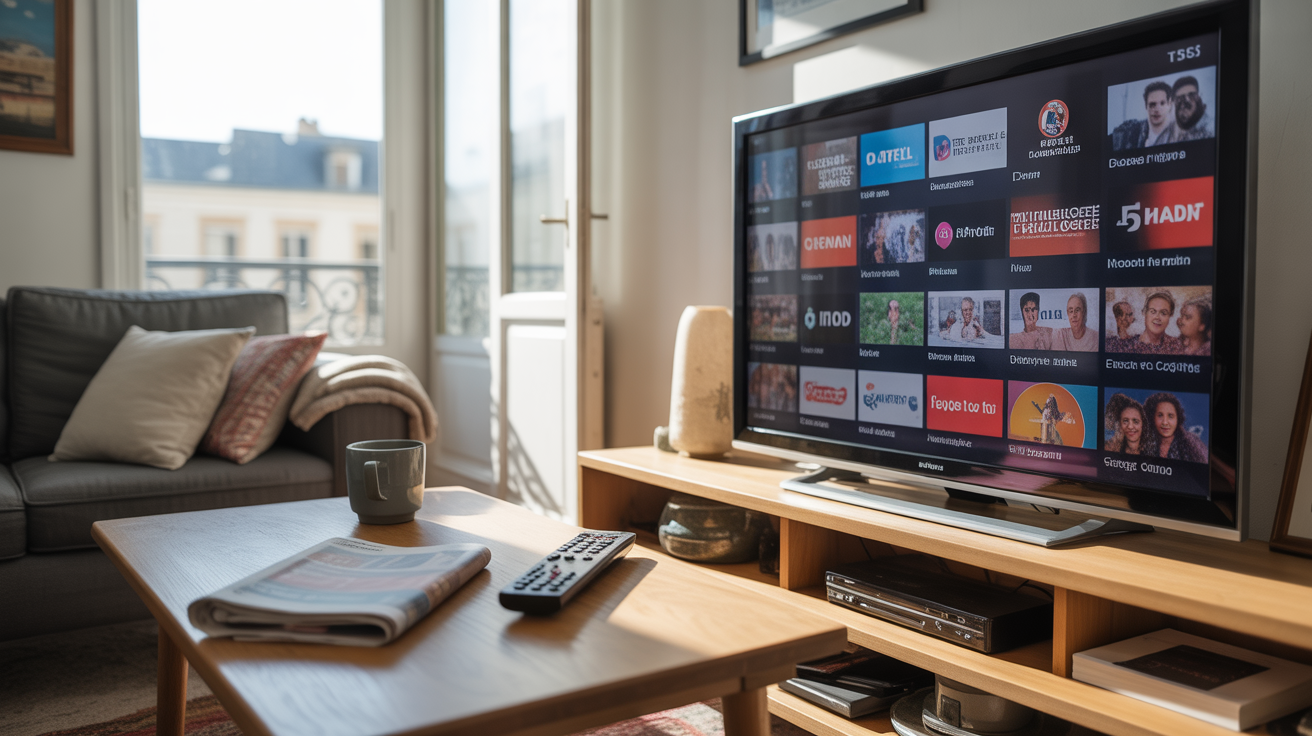 Salon français réaliste avec une télévision affichant une recherche de chaînes gratuites, ambiance naturelle et vivante.