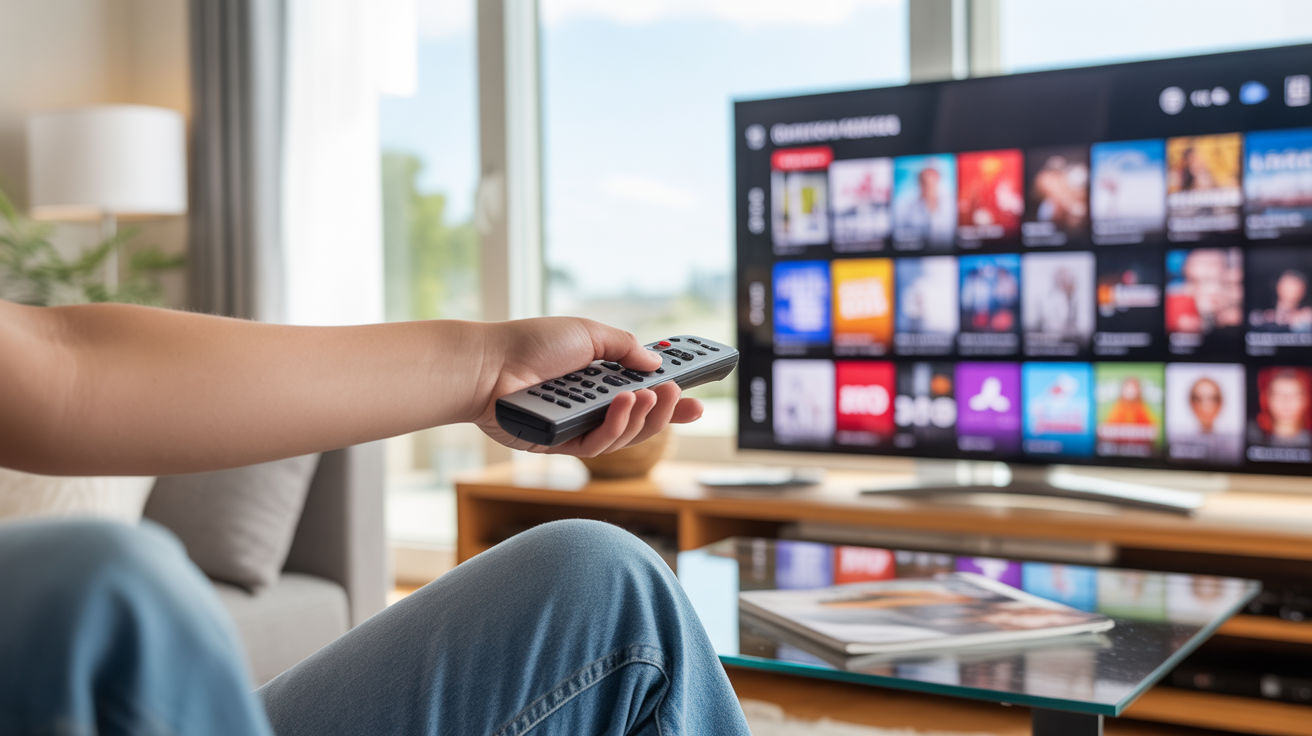 Salon moderne en France avec une télévision affichant une mosaïque de chaînes, vue réaliste d’un moment authentique avec une main tenant une télécommande.