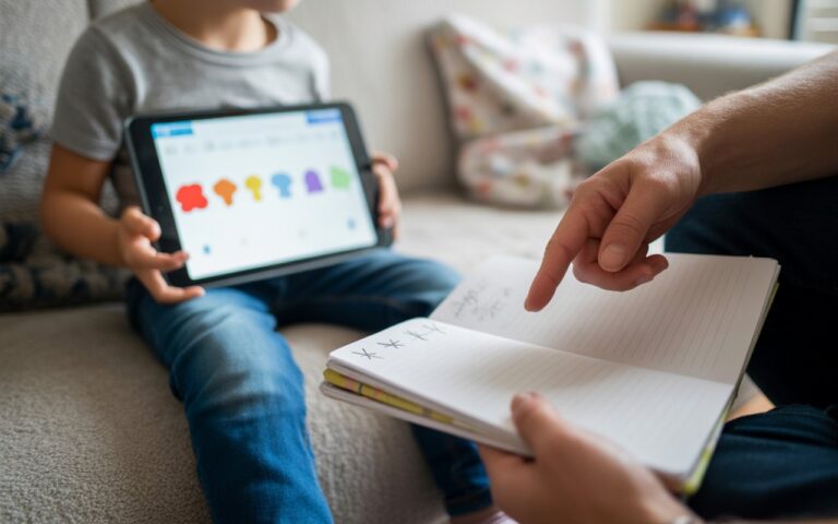 Mains d’enfant tenant une tablette, écran flou, notes manuscrites.