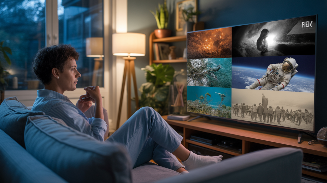 Personne regardant un documentaire sur une télévision dans un salon chaleureux et réaliste, avec des images de nature, d’espace et d’histoire affichées à l’écran.
