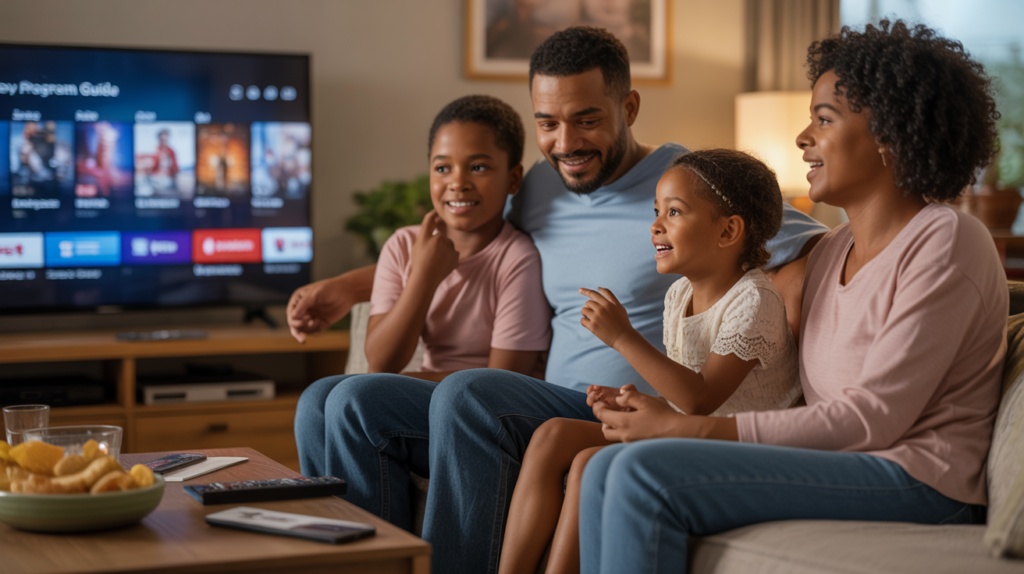 Scène réaliste d’un salon en soirée avec une famille choisissant un programme télé devant un écran allumé.