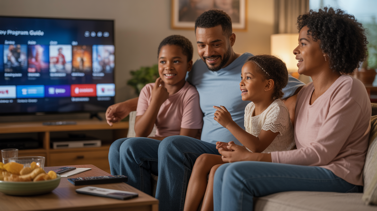 Scène réaliste d’un salon en soirée avec une famille choisissant un programme télé devant un écran allumé.