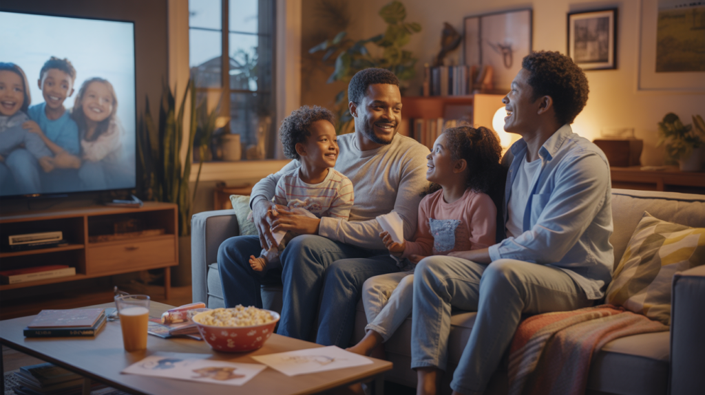 Famille réunie dans un salon chaleureux regardant un écran allumé, ambiance naturelle et réaliste.