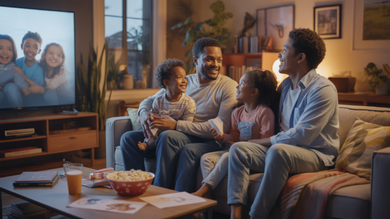 Famille réunie dans un salon chaleureux regardant un écran allumé, ambiance naturelle et réaliste.