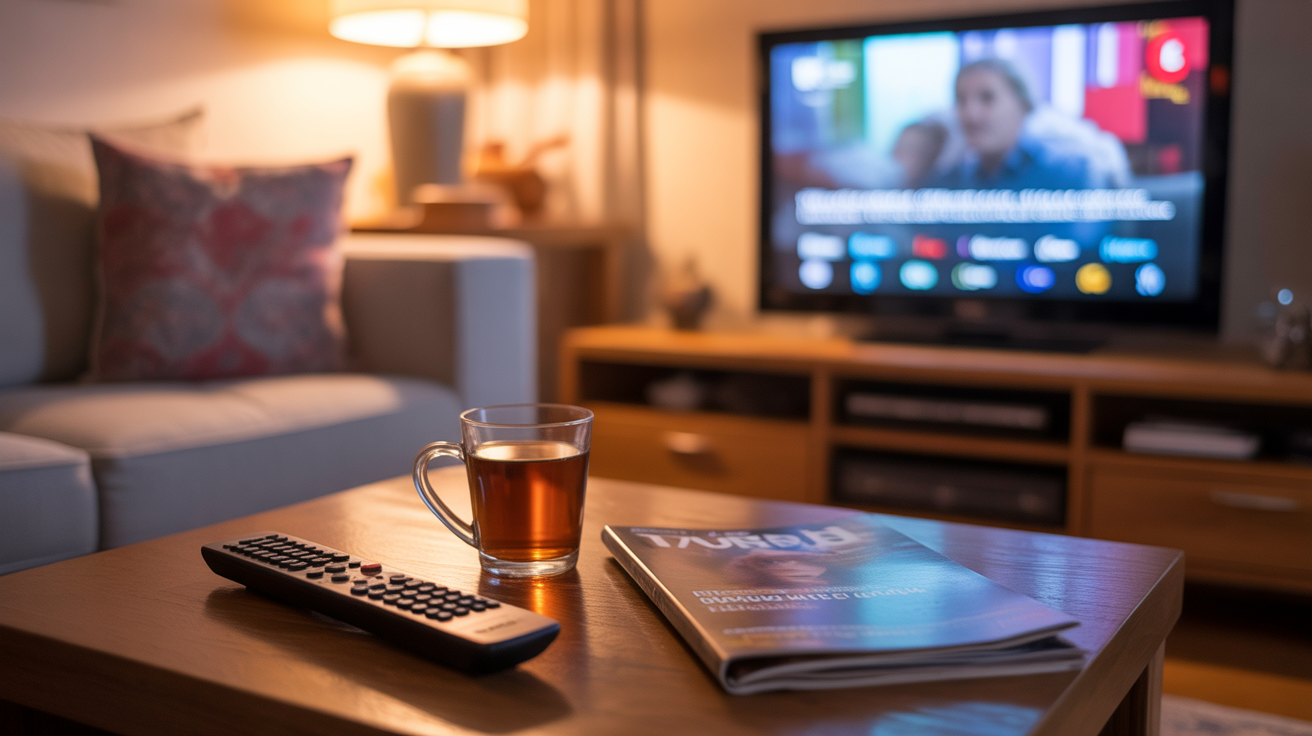 Salon français chaleureux en début de soirée avec une télévision allumée, une table basse avec télécommande et magazine TV, ambiance réaliste et naturelle.