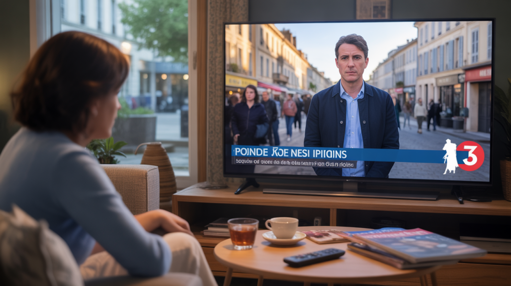 Salon français réaliste au crépuscule avec une télévision montrant un reportage régional en extérieur, architecture authentique et ambiance naturelle.
