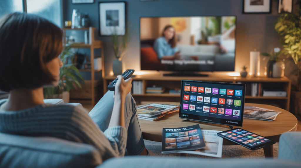 Salon moderne en soirée avec une personne regardant la télévision et un guide TV sur la table, ambiance réaliste et chaleureuse.