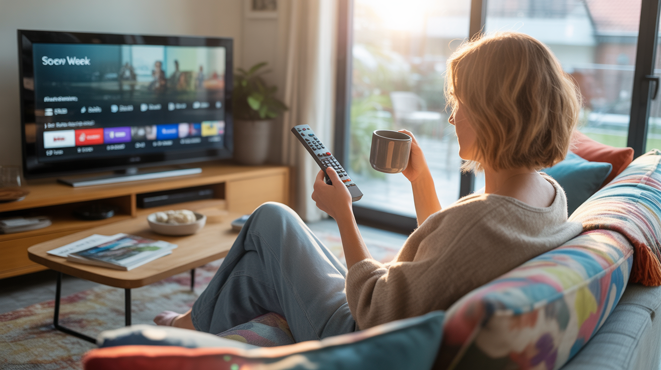 Salon chaleureux avec une personne détendue préparant sa semaine télé devant un guide TV sur un écran moderne.