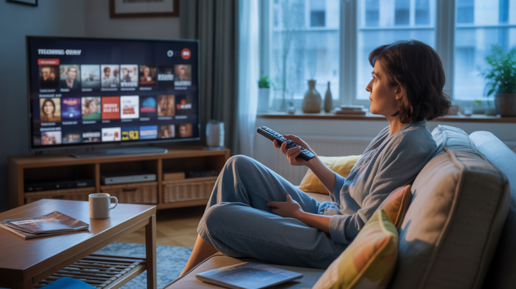 Salon chaleureux le soir avec une personne regardant une plateforme de replay TV sur un téléviseur, ambiance réaliste et naturelle.