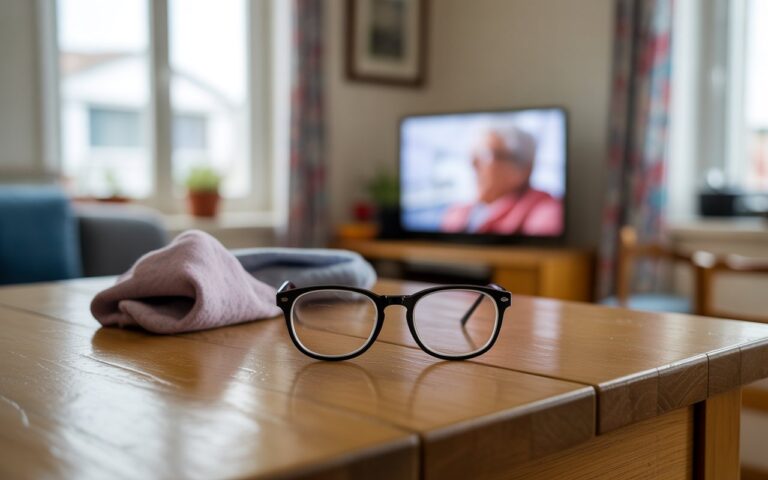 Lunettes sur table, télévision floue, écharpe posée.