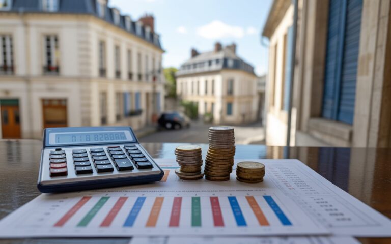 Bureau avec calculatrice, pièces et graphiques flous.