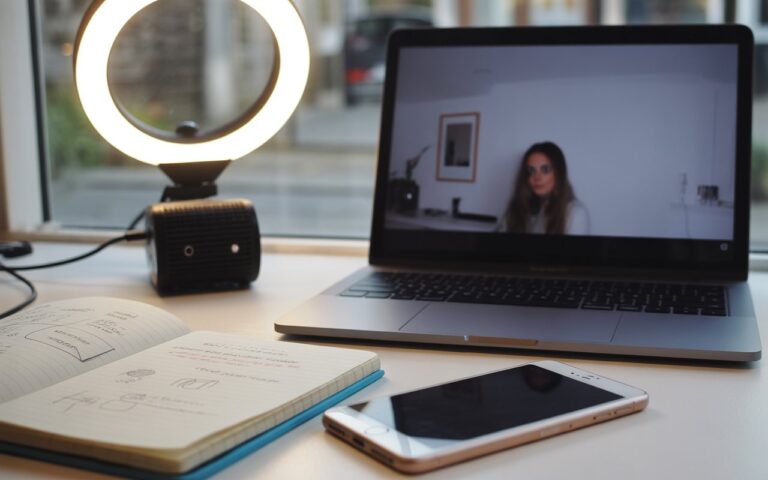 Bureau, ordinateur flou, ring light et carnet.