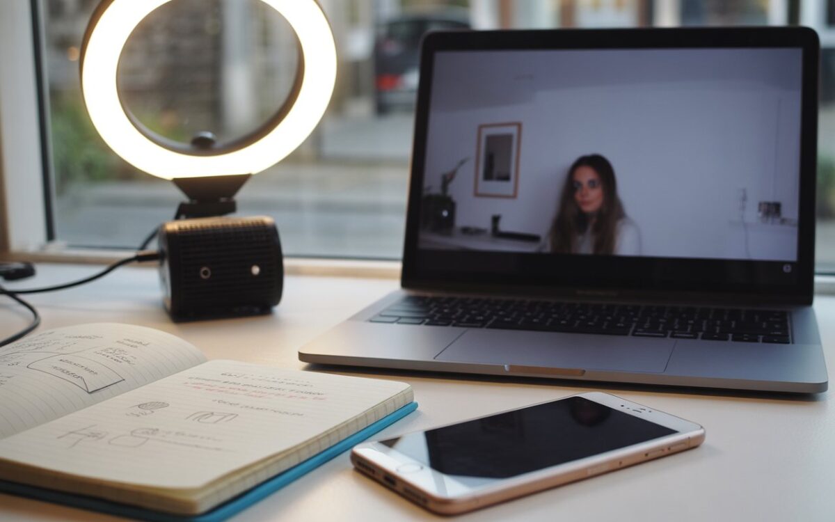 Bureau, ordinateur flou, ring light et carnet.