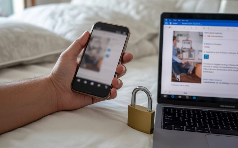 Main tient téléphone flou, cadenas près ordinateur.