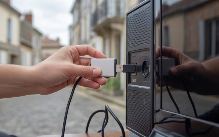 Mains branchent petit boîtier sur télévision, câbles.