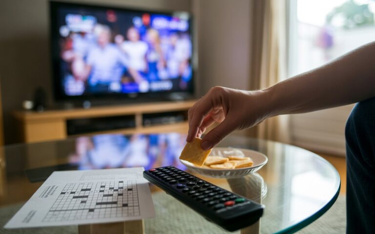 Salon, télécommande, mots croisés et télé floue.