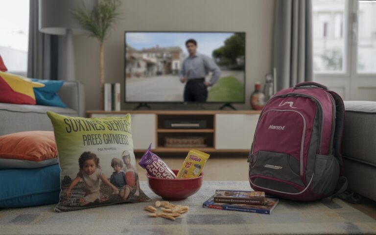 Salon avec télévision floue, coussins et goûter.