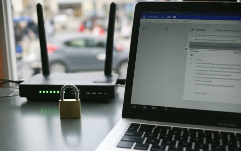 Bureau, ordinateur flou, routeur et clé USB.