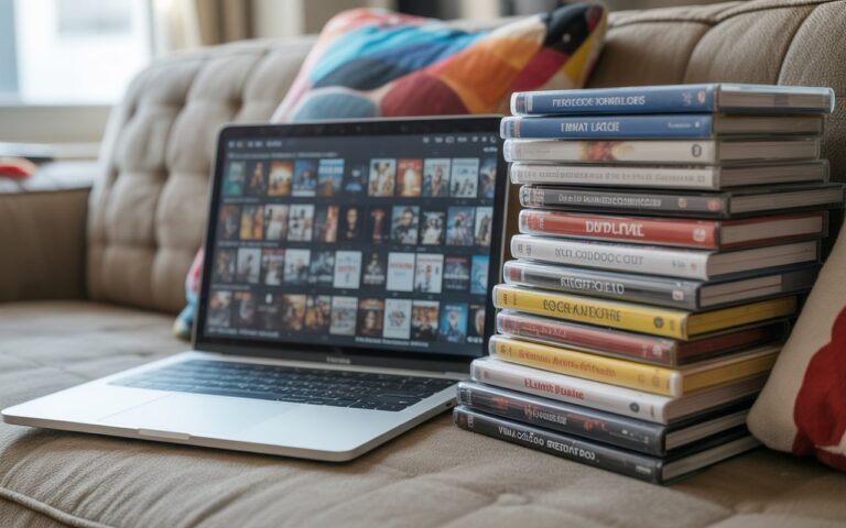 Ordinateur portable flou, DVD empilés sur canapé.