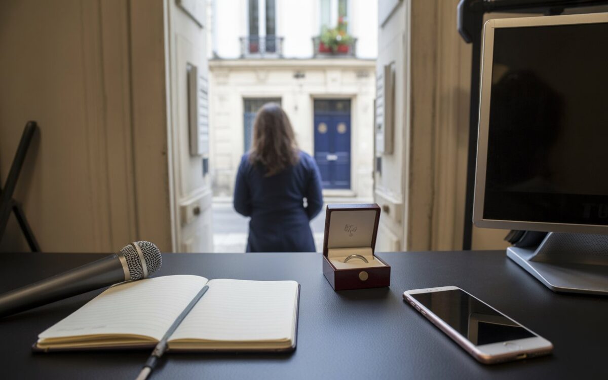 Bureau, carnet, micro et bague